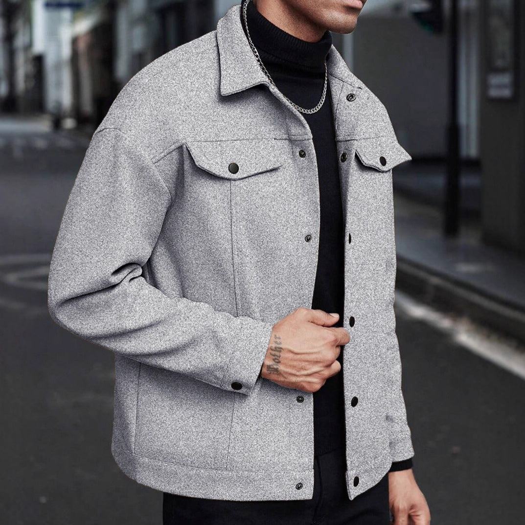 Men's shirt jacket made of wool blend with snap buttons and flap pockets StylebySassy