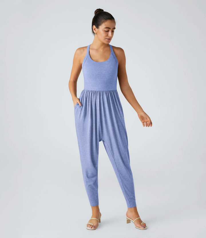 Women's casual jersey jumpsuit with racerback, smocked waist and side pockets StylebySassy