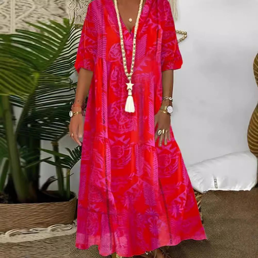 Ladies Boho Long Dress with Deep V-Neck, Tiered Cut and Casual Oversized Fit StylebySassy