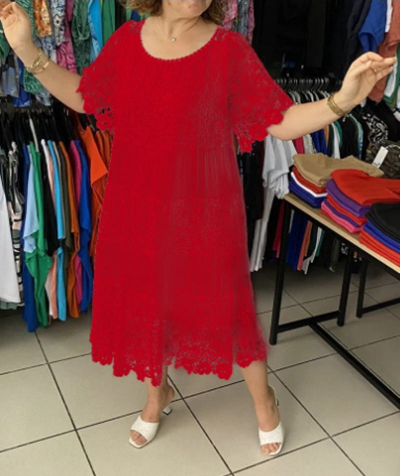 Women's multi-layered lace midi dress with pleated inserts and flounce sleeves StylebySassy