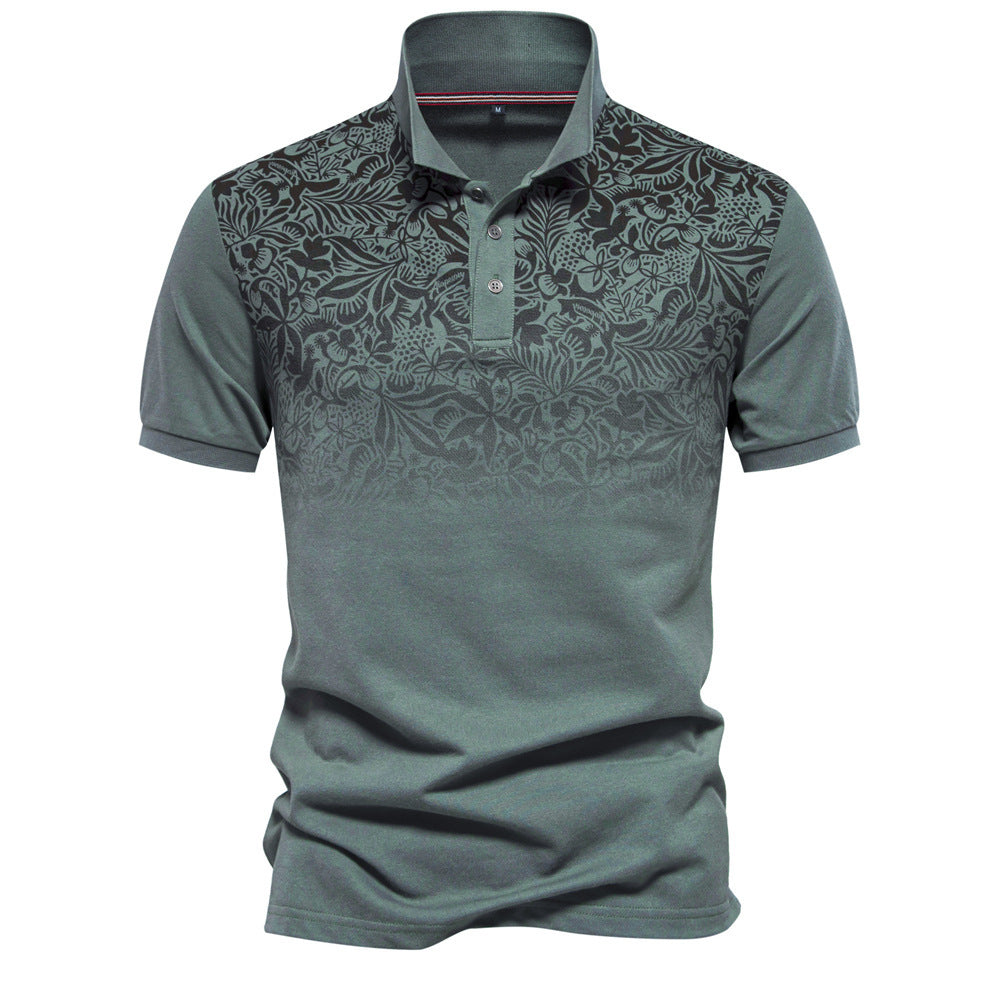 Men's polo shirt with floral gradient pattern, Kent collar and subtle button placket StylebySassy