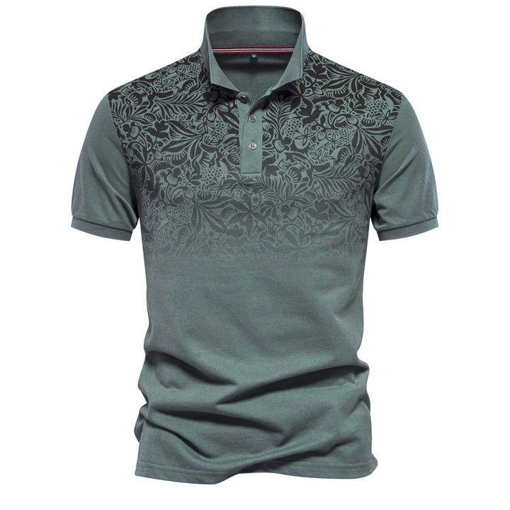 Men's polo shirt with floral gradient pattern, Kent collar and subtle button placket StylebySassy