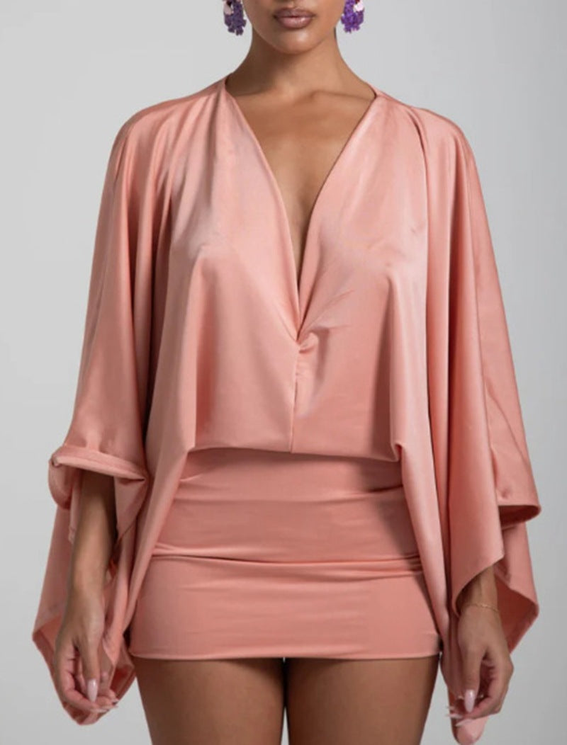 Women nan cape mini dress with deep V-neck, batwing sleeves and tailored mini skirt StylebySassy