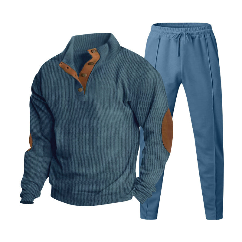 Men's ribbed Henley leisure suit with decorative button placket and suede elbow patches tapered joggers StylebySassy