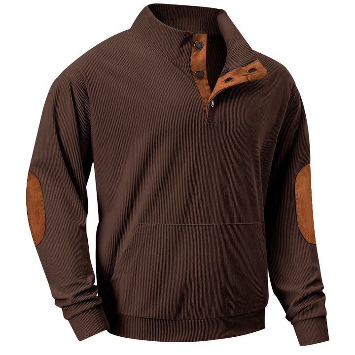 Men's fine ribbed stand-up collar sweater with button placket, kangaroo pocket, and suede elbow patches StylebySassy