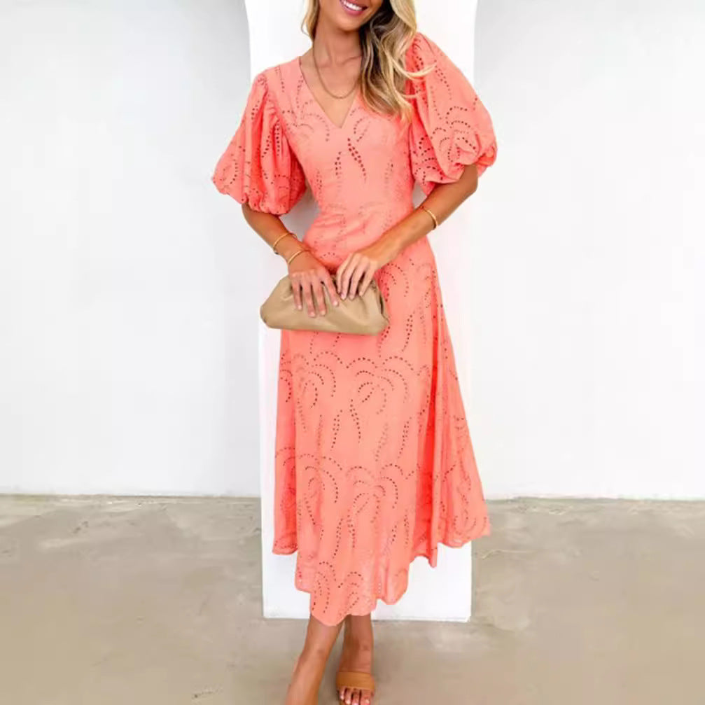 Women’s tailored mid-length dress with embroidery eyelet and voluminous balloon sleeves StylebySassy