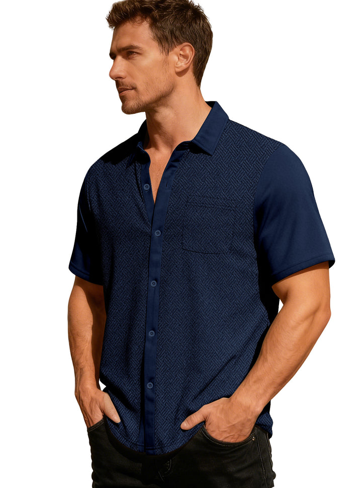 Men's leisure short sleeve shirt with jacquard texture, contrasted button placket and chest pocket StylebySassy