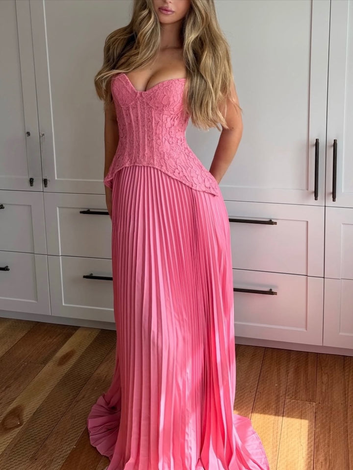 Ladies' elegant evening dress with lace corset and pleated maxi skirt StylebySassy