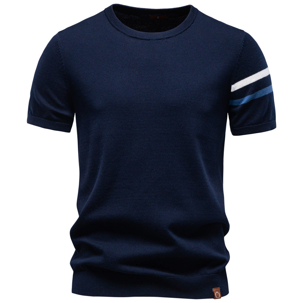 Men's fine cotton knit shirt with round neckline, short sleeves and contrasting sleeve stripes StylebySassy