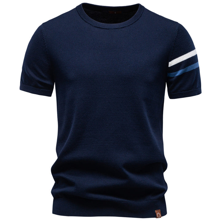 Men's fine cotton knit shirt with round neckline, short sleeves and contrasting sleeve stripes StylebySassy