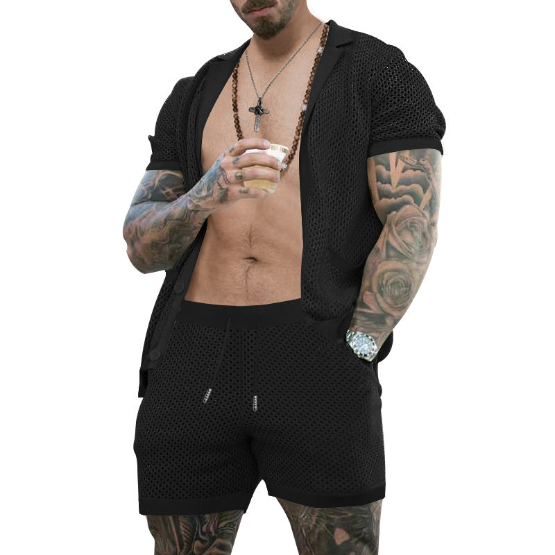 Men's open mesh knit cardigan with matching drawstring shorts StylebySassy