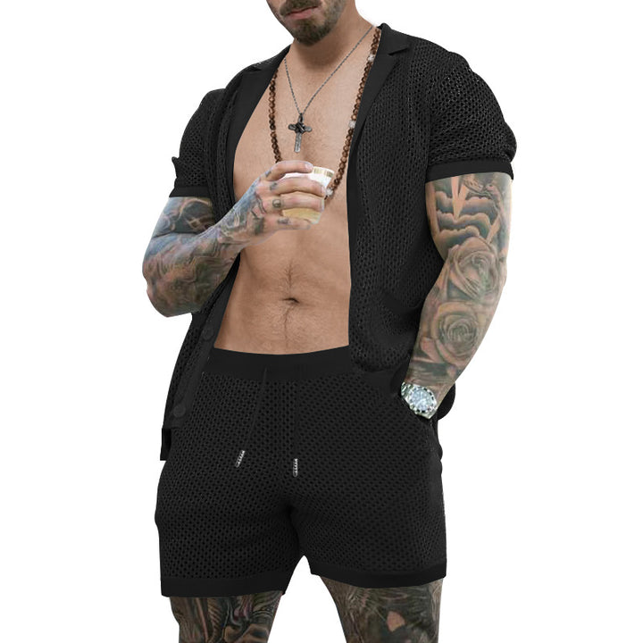 Men's open mesh knit cardigan with matching drawstring shorts StylebySassy