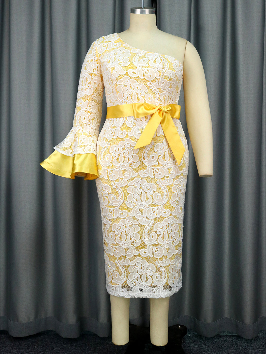 Women's lace dress with asymmetric cut and elegant flounce sleeves StylebySassy