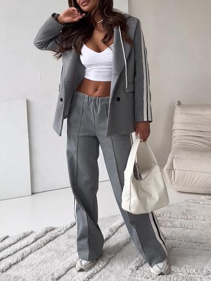 Women's sporty-elegant blazer two-piece with hooded blazer and wide training pants with side stripe StylebySassy
