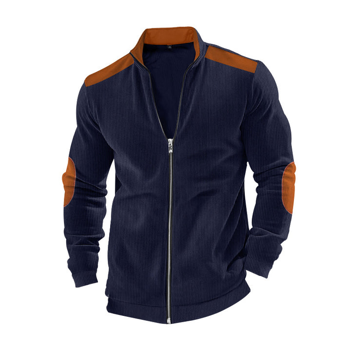 Men's ribbed leisure jacket with stand-up collar, full-length zipper and elbow and shoulder patches StylebySassy