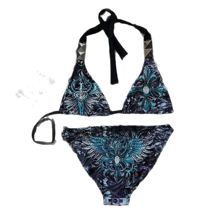 Ladies triangle bikini with floral pattern and rhinestone appliqués StylebySassy
