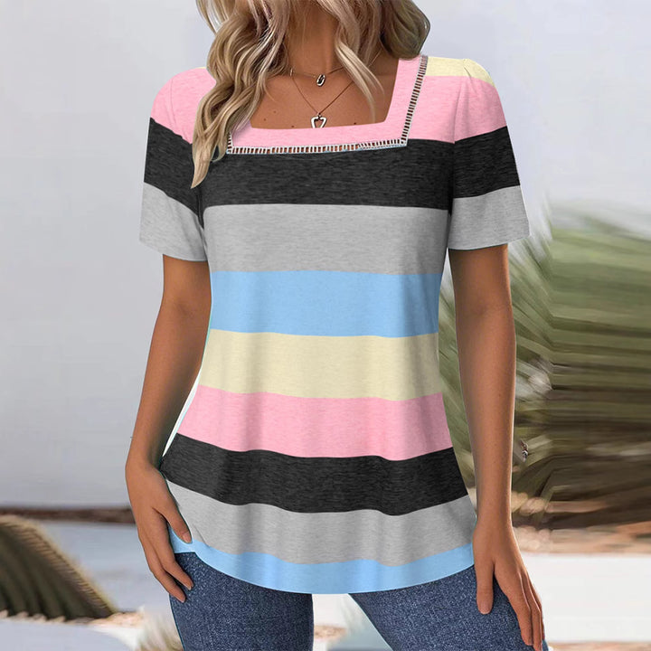 Women's striped jersey long shirt with square neckline and casual hip length StylebySassy