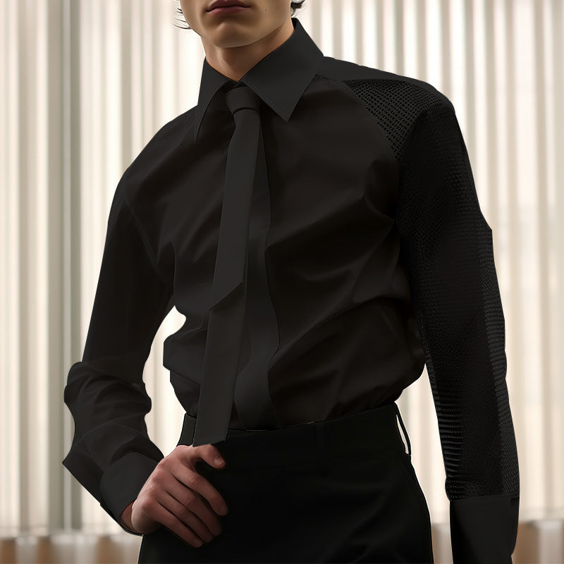 Women’s flowing blouse with attached bow, concealed button placket, and one-sided mesh sleeve detail StylebySassy