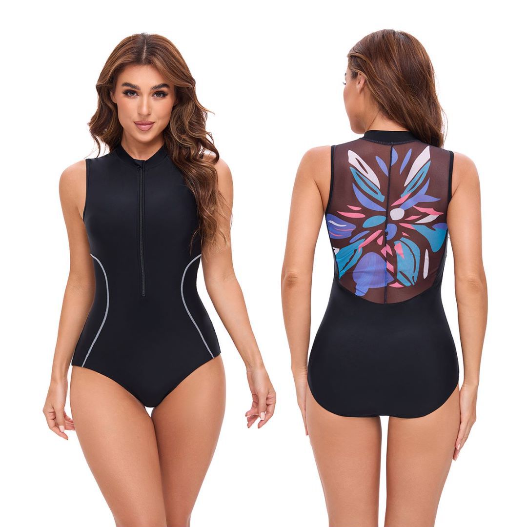 Women’s sporty one-piece swimsuit with high collar and zipper StylebySassy