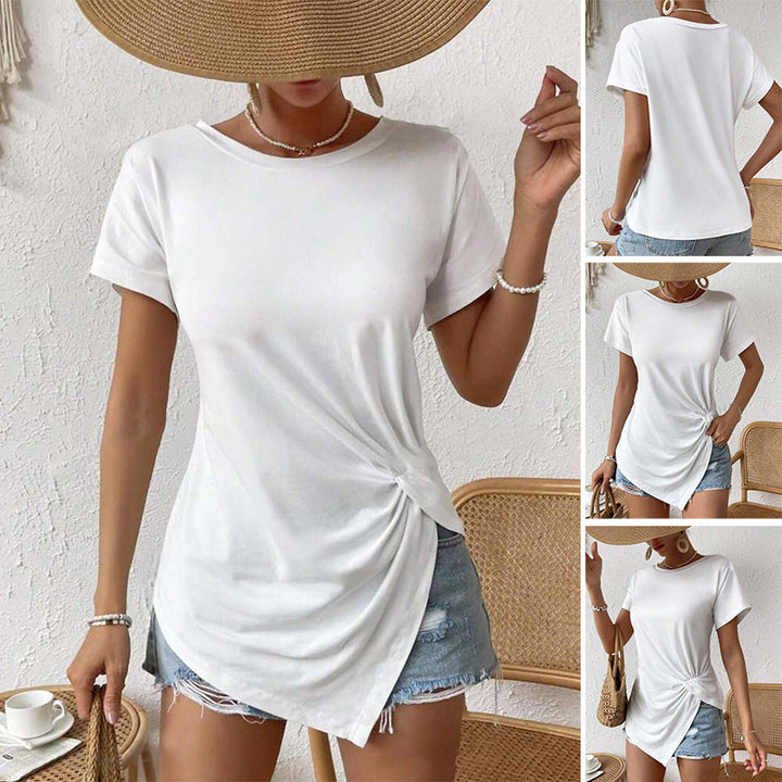 Women's asymmetrical knot shirt with side twist and elongated pointed hem StylebySassy