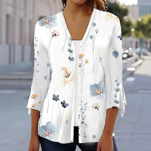Women's light chiffon blouse with watercolor flower print, V-neck, button placket and three-quarter sleeves StylebySassy