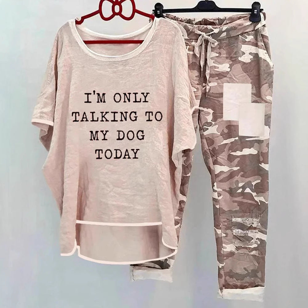 Women casual wide set with slogan print, loosely cut long shirt and camouflage joggers StylebySassy