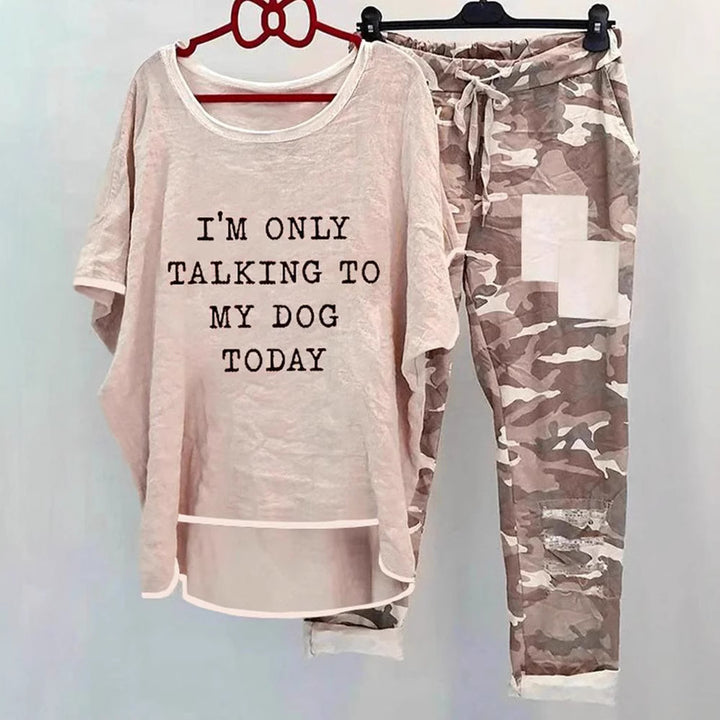 Women casual wide set with slogan print, loosely cut long shirt and camouflage joggers StylebySassy