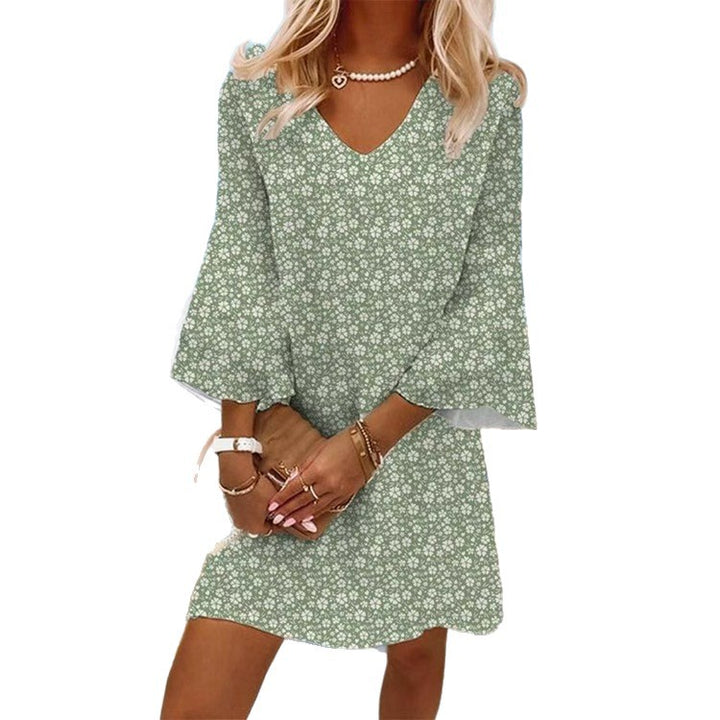 Women's light floral V-neck mini dress with bell sleeves and A-line cut StylebySassy