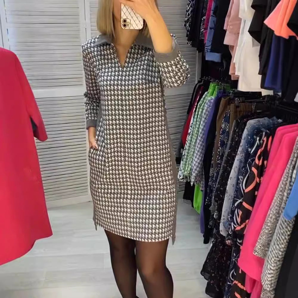 Ladies knee-length knitted dress with houndstooth, polo collar and side insert pockets StylebySassy