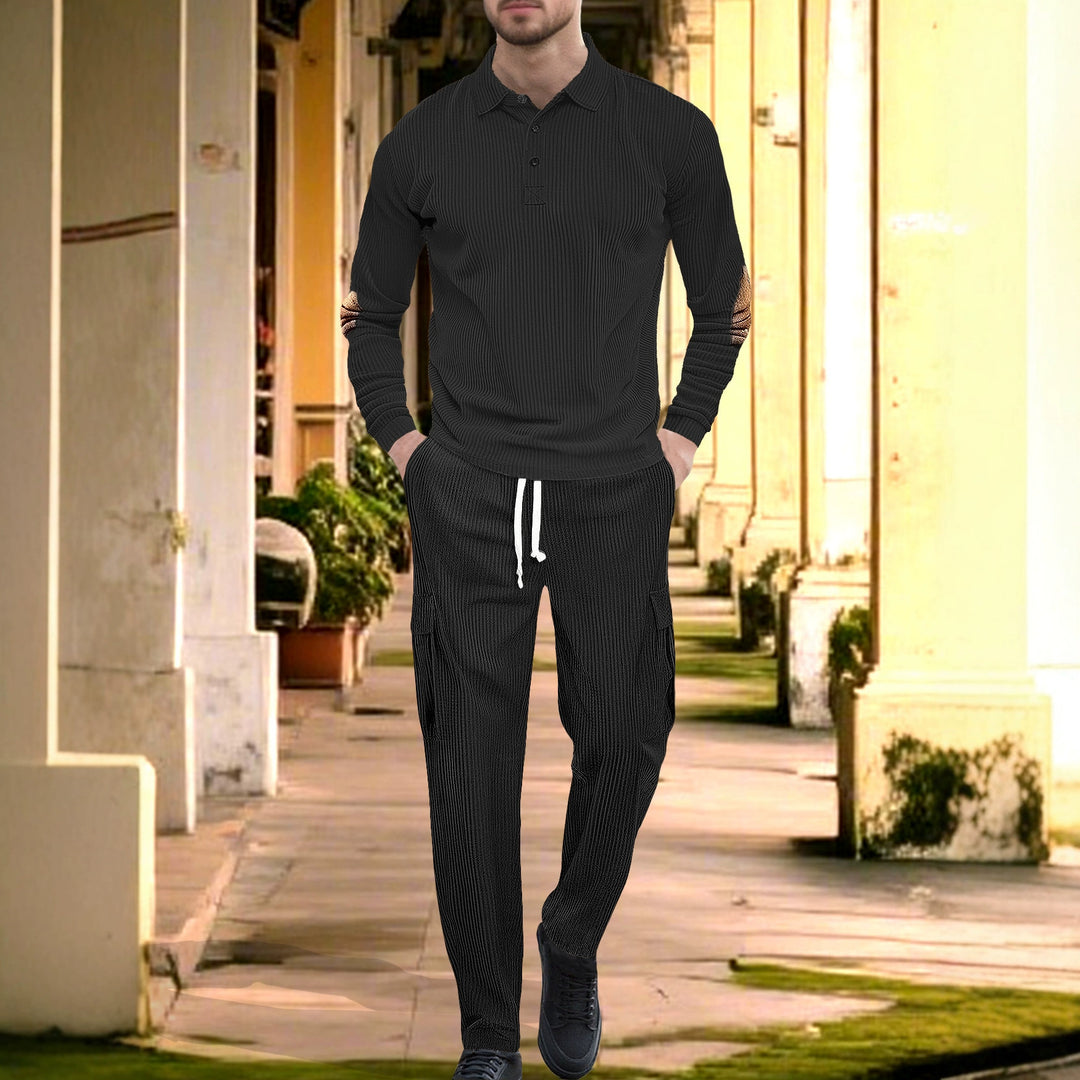 Men's nano ribbed lounge set with polo collar elbow patches and cargo pants StylebySassy