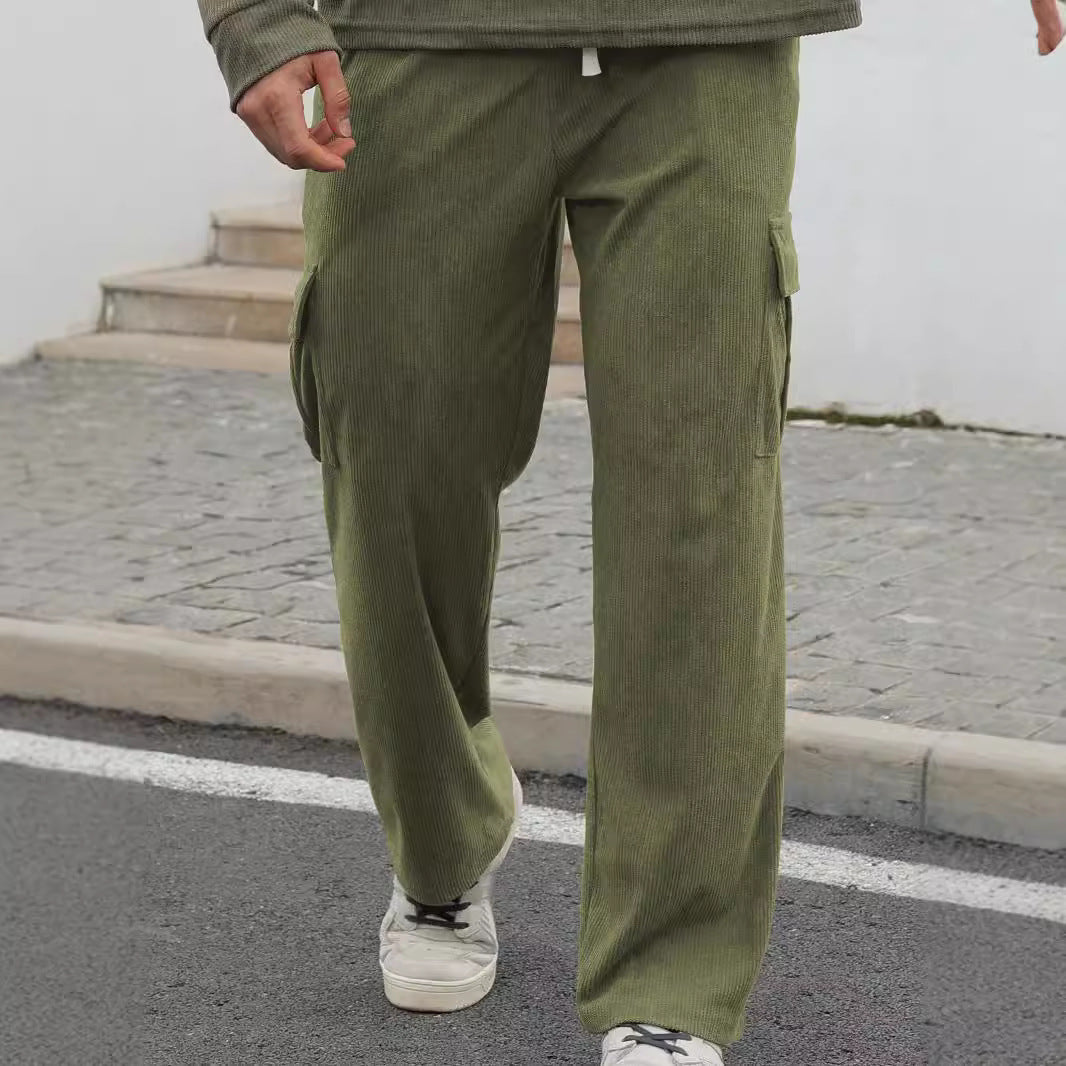 Men's loose wide corduroy cargo pants with drawstring waistband and large flap pockets StylebySassy