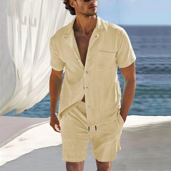 Men's casual linen summer ensemble with open collar shirt and short drawstring pants StylebySassy