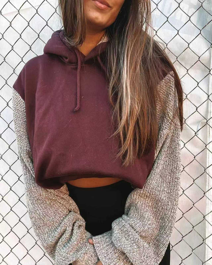 Women's Hooded Cropped Pullover with Wide-Cut Knitted Sleeves and Drawstring StylebySassy