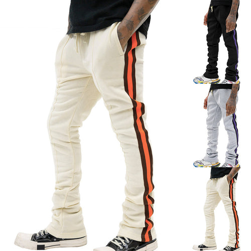 Men's slim-fit casual pants with drawstring, decorative seams, and side contrast stripe StylebySassy