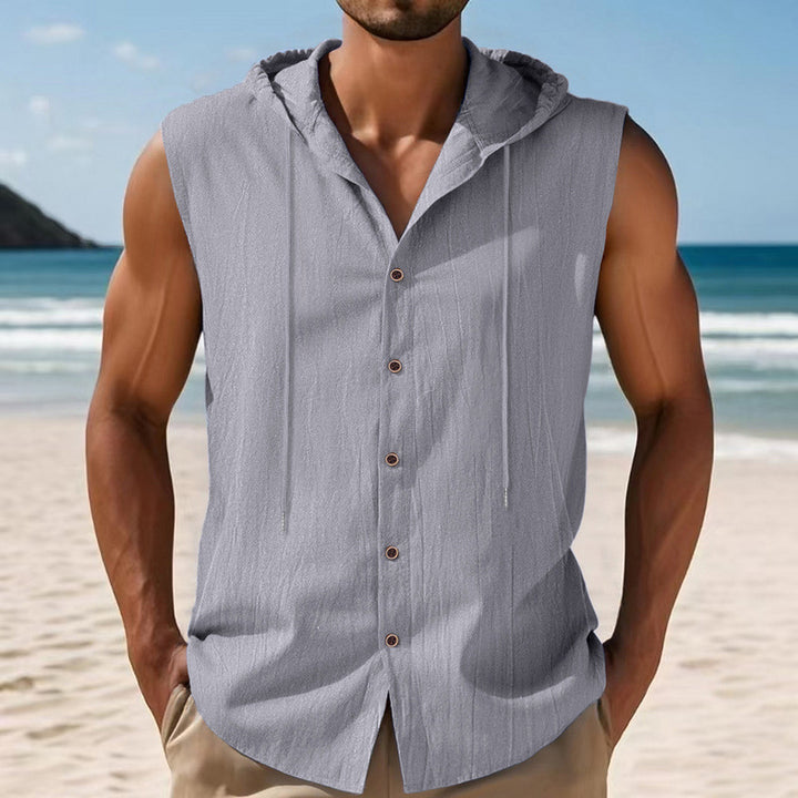 Men's sleeveless hooded shirt made of crepe-structured cotton blend with continuous button placket and drawstring StylebySassy