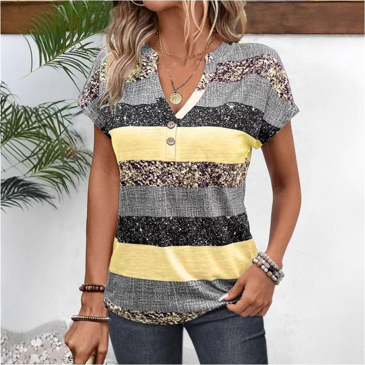 Women's striped viscose blend relaxed shirt with V-neck, rolled sleeves, and decorative button placket StylebySassy