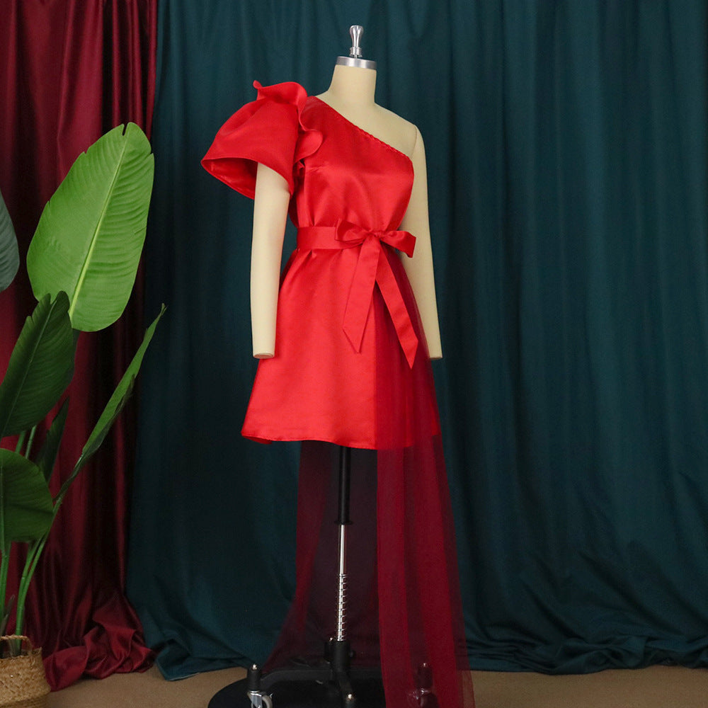 Women asymmetrical cocktail dress with ruffle and waist lacing StylebySassy