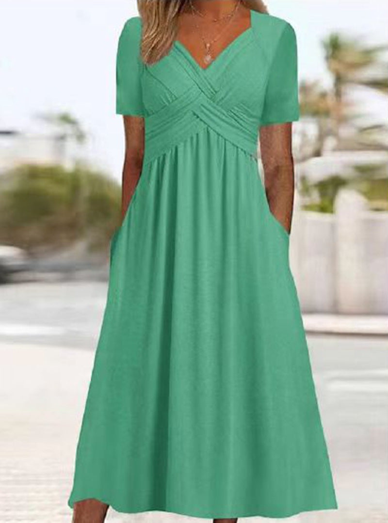 Women’s maxi dress short sleeve with crossover top and side pockets StylebySassy