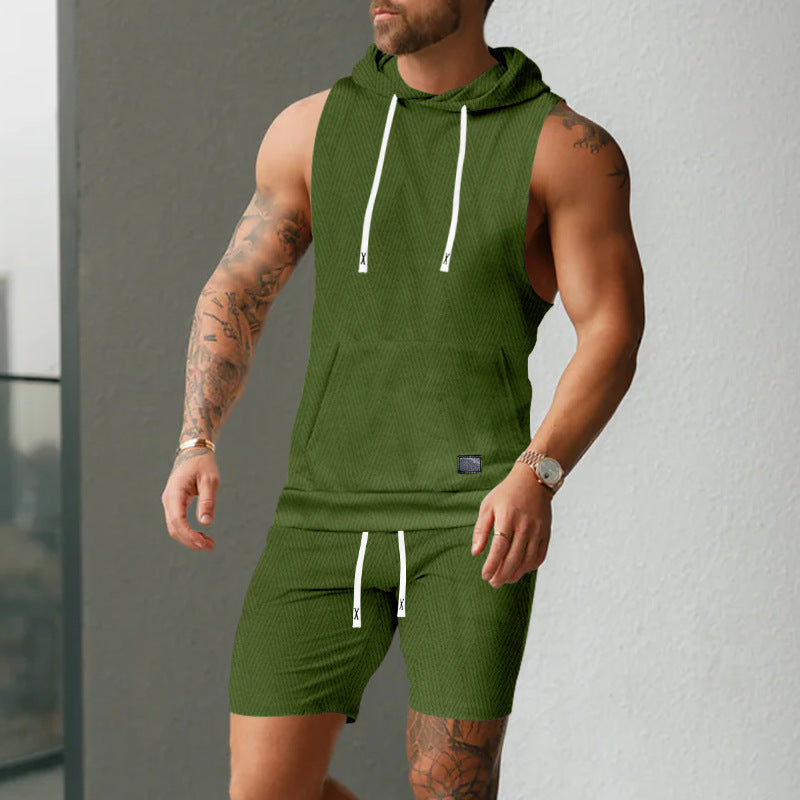 Men's sleeveless hoodie vest set made of textured cotton blend with kangaroo pocket and drawstring shorts StylebySassy