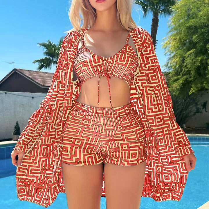 Women's stylish bikini set with geometric patterns and transparent beach jacket StylebySassy