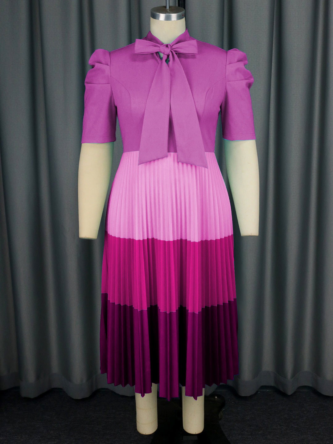 Women Elegant Pleated Dress with Bow Collar StylebySassy