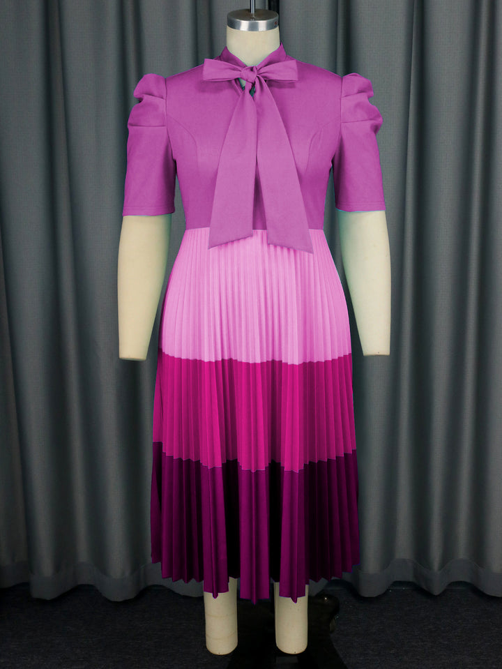 Women Elegant Pleated Dress with Bow Collar StylebySassy