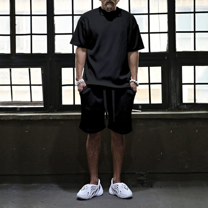 Men's casual waffle jersey set with loose top and drawstring shorts StylebySassy