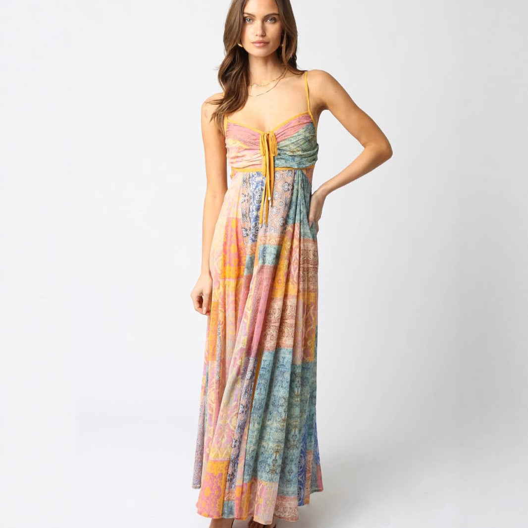 Ladies' ankle-length maxi dress with gathered bustier, drawstring, and patchwork print StylebySassy