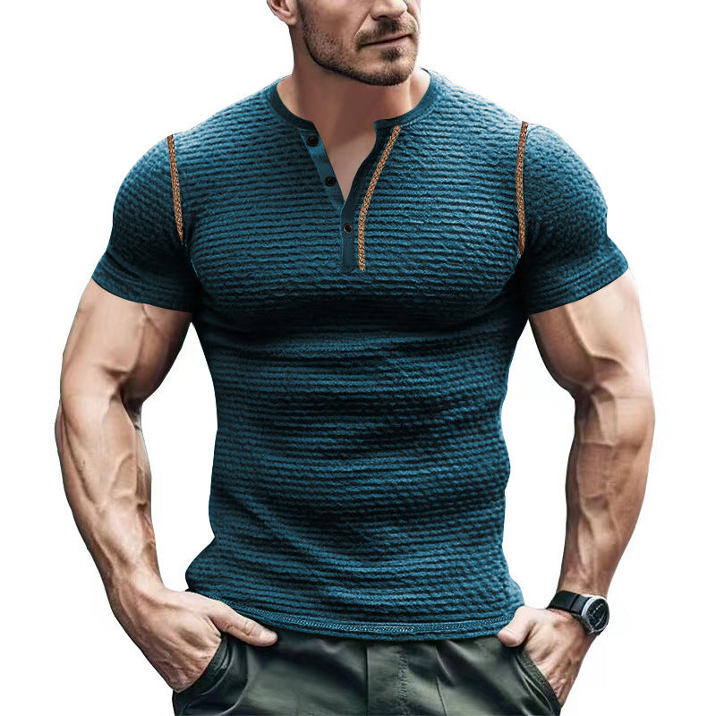 Men's structured short-sleeve henley with three-dimensional relief structure, reinforced button placket, and contrast piping StylebySassy