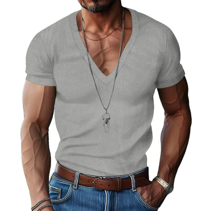 Men's structured V-neck ribbed jersey shirt with short sleeves and a slim fit StylebySassy
