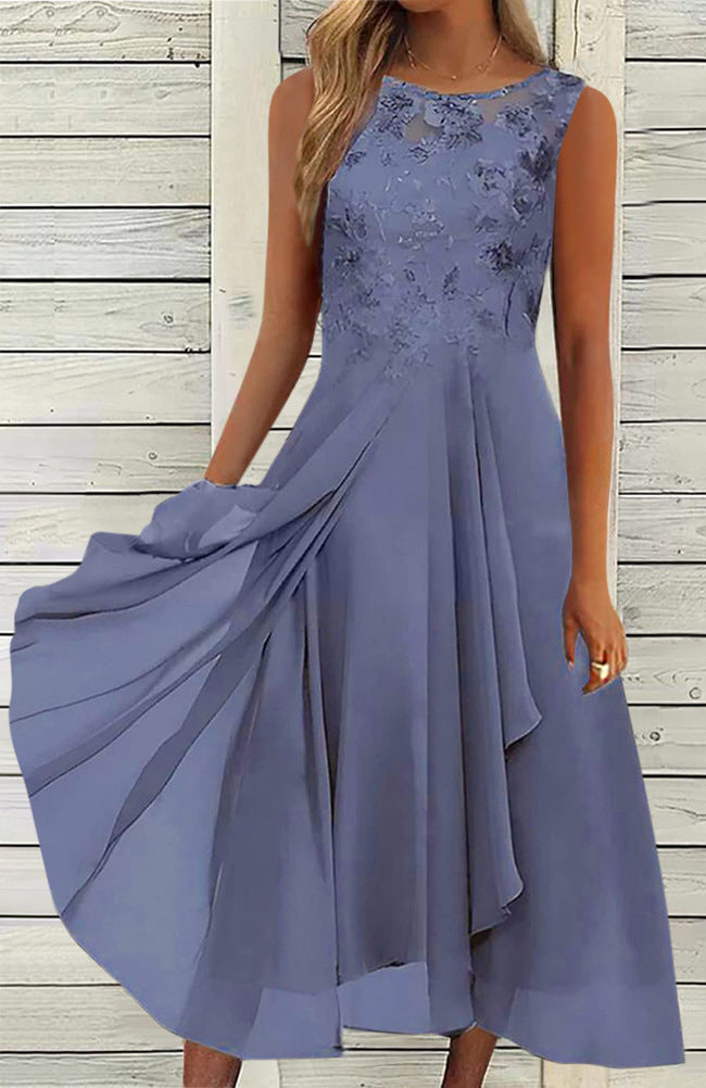 Women’s sleeveless chiffon midi dress with embroidered bodice and asymmetric layered skirt StylebySassy