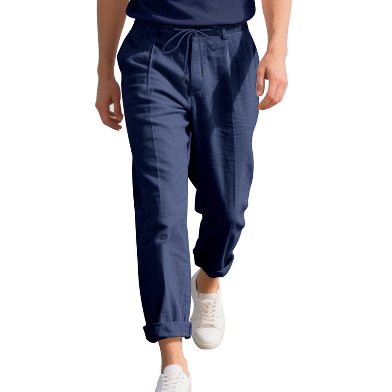 Men's beach-suitable linen blend lounge pants with elastic drawstring, subtle pleat, and rolled ankle hem StylebySassy