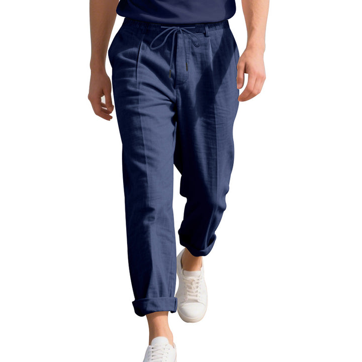 Men's beach-suitable linen blend lounge pants with elastic drawstring, subtle pleat, and rolled ankle hem StylebySassy