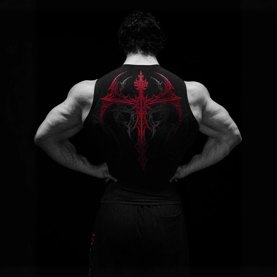 Men's form-fitting training tank top with deep armholes and intricate back print StylebySassy